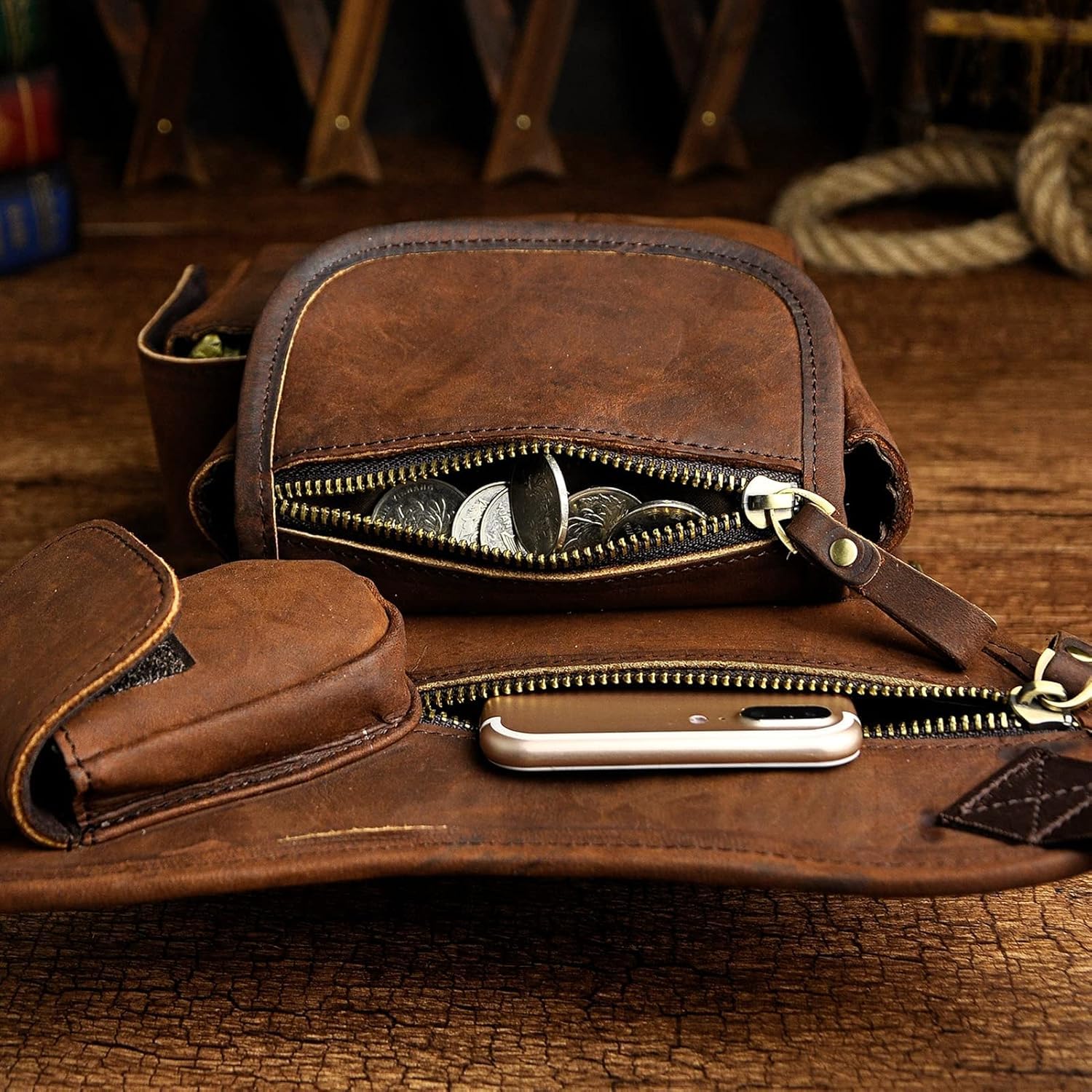 Marsupio Gamba Moto Borsa Da Gamba, Coscia In Pelle Moda Uomo Casual Messenger A Tracolla Design Viaggio(Dark Coffee)