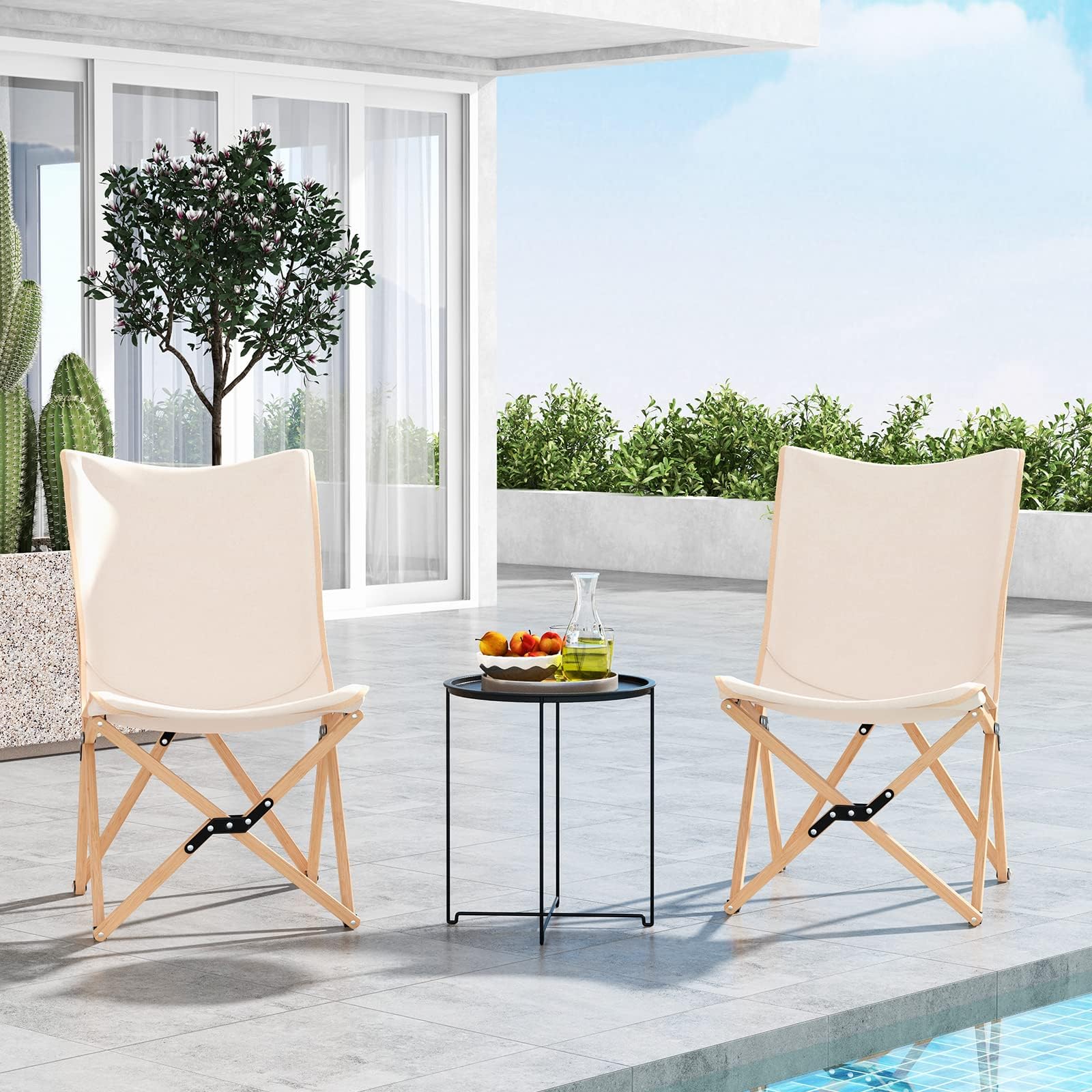 GOPLUS Campingstuhl faltbar 2er Set, Liegestuhl klappbar aus Bambus, Gartenstuhl bis 150kg belastbar, Klappstuhl leicht tragbar mit Tragetasche, Strandstuhl für Camping, Picknick & Angeln (Weiß)