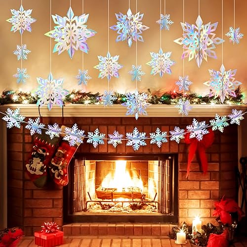 Miniatura 3 de 24 Piezas Decoraciones Colgantes de Copos de Nieve de Navidad, Adornos de Guirnalda de Copos de Nieve Colgantes de Papel 3D para Navidad Casa Árbol