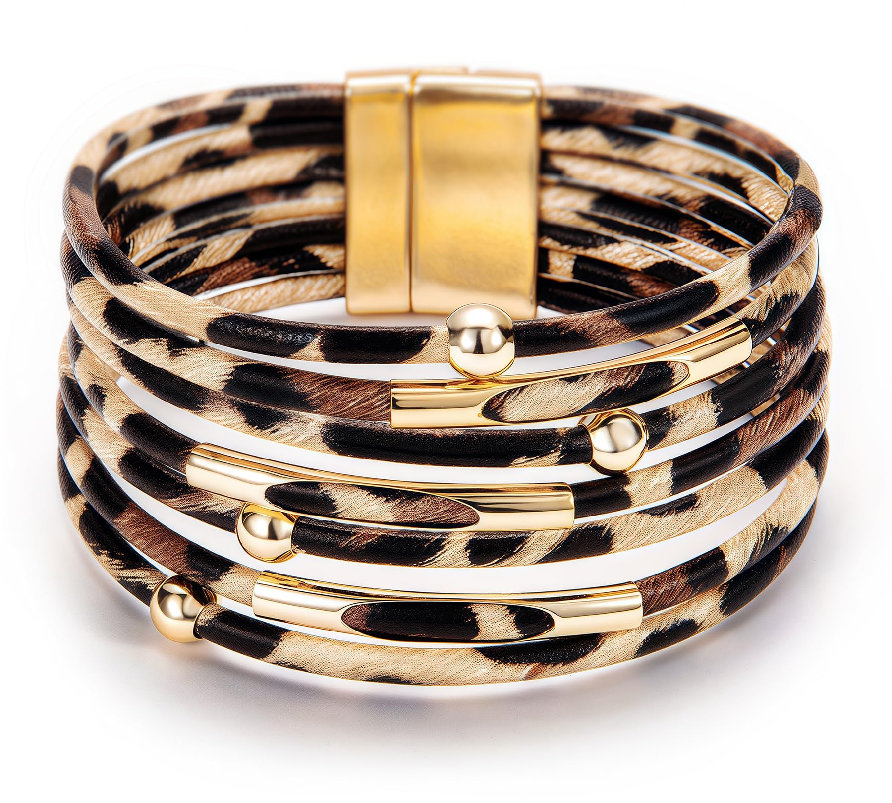 Fesciory Leather Wrap Bracelets for Women, Boho Leopard Multi-Layer Crystal Beads Cuff Bracelet Jewelry