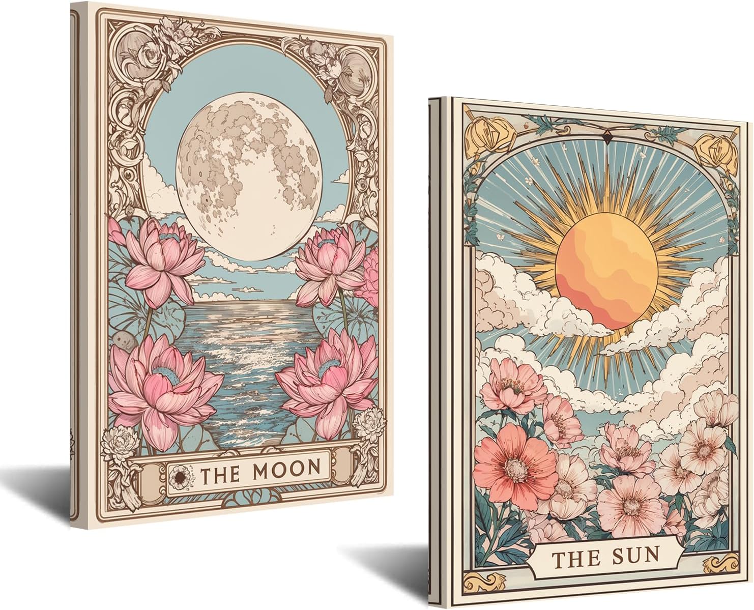 CXHOSTENT Celestial Wall Art Set of 2 Sun and Moon Painting Canvas Prints Mystical Themed Pictures for Office Bedroom Home Decor Framed (Teal, 11x14inchx2 Pieces)