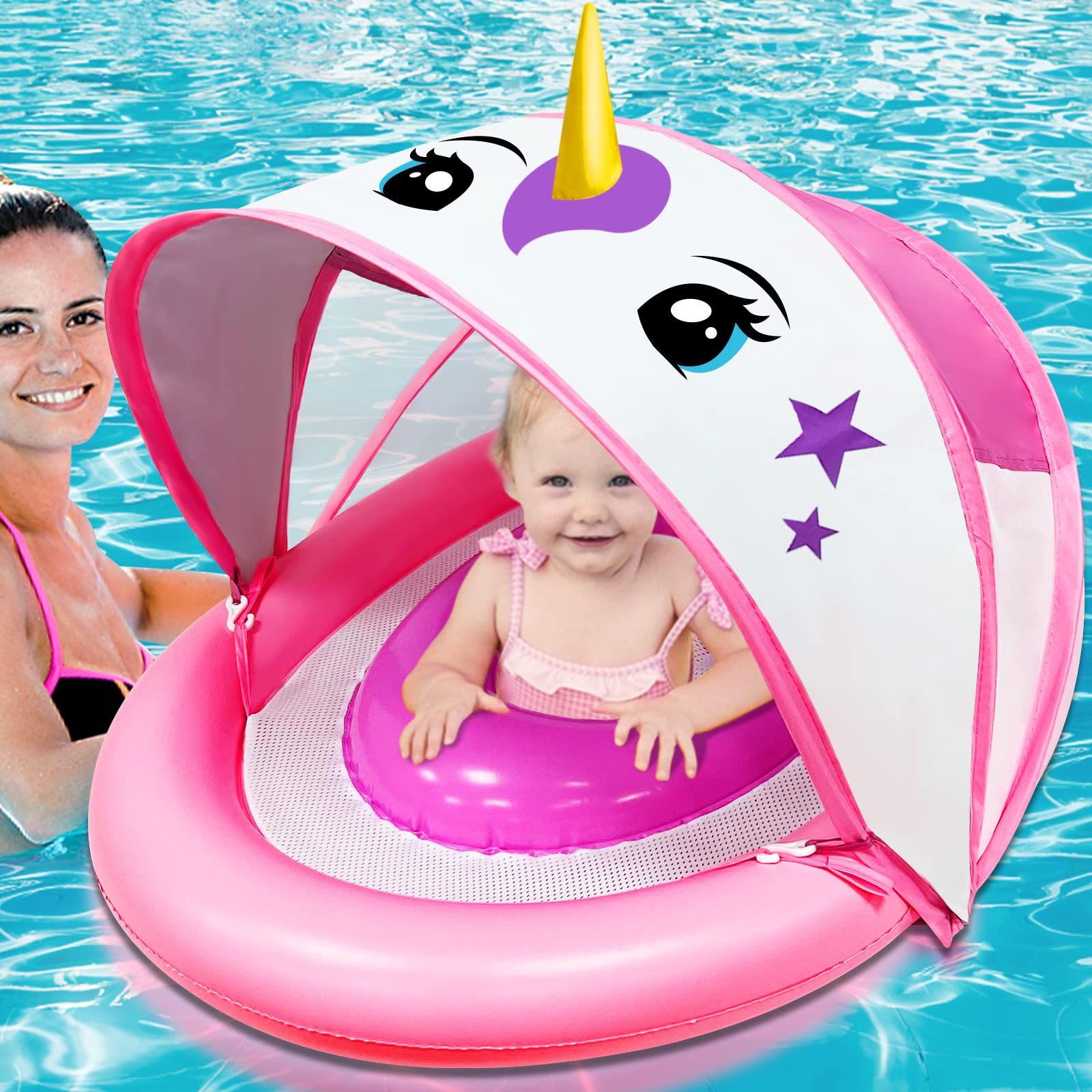 AMENON Unicorn Inflatable Baby Pool Float for Toddlers 6-36 Months with UPF50+ 4 Stage Adjustable Sun Canopy, Non-Flip Safety Seat, Dual Air Chambers, Infant Swim Training Float for Pool