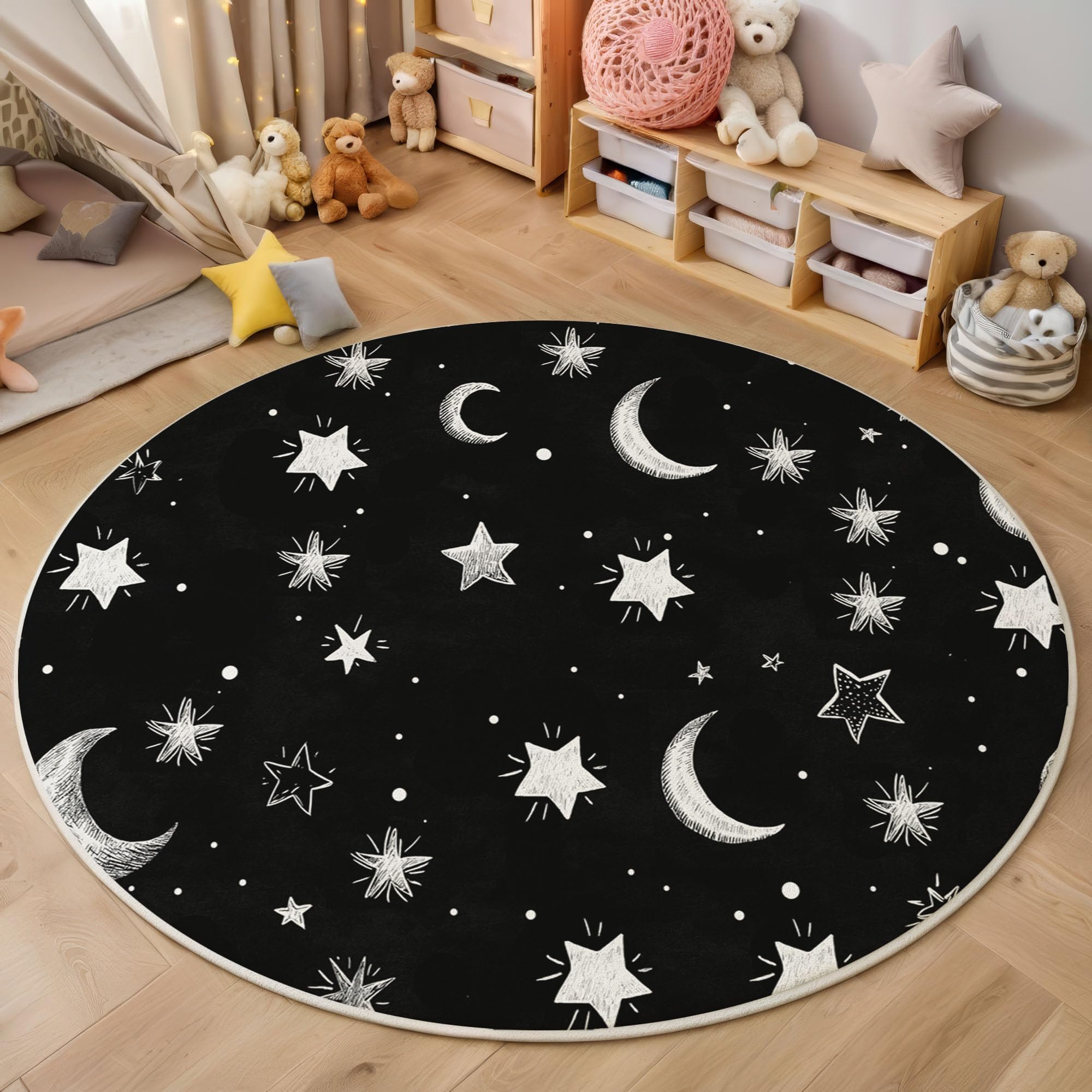 Graffitis pour Enfants Tapis Rond 200cm Lavable en Machine Antidérapant Étoiles Et Lune Ronde Carpet Descente de Lit Doux Poil Ras Carpette pour Salon Salle a Manger Bureau, Noir Et Blanc