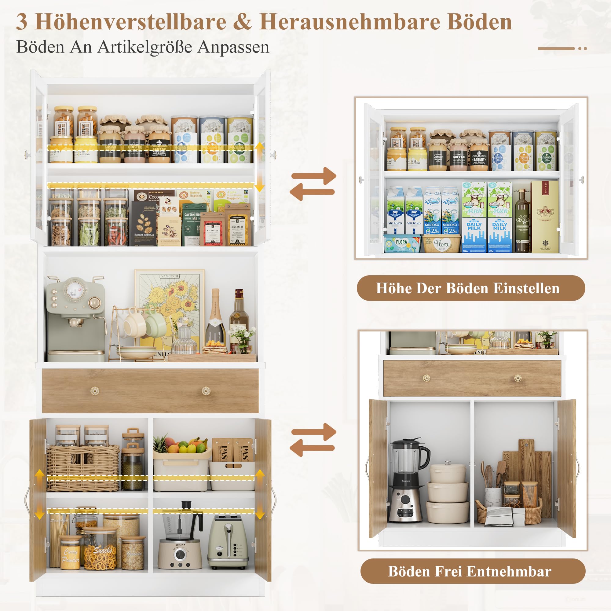 HOCSOK Küchenschrank, Buffetschrank, Sideboard mit Arbeitsplatte Verstellbaren Einlegeböden, 2 Glastüren und Schubladen,Küchenbuffet für Küche, Wohnzimmer, Esszimmer, 180 x 40 x 80 cm