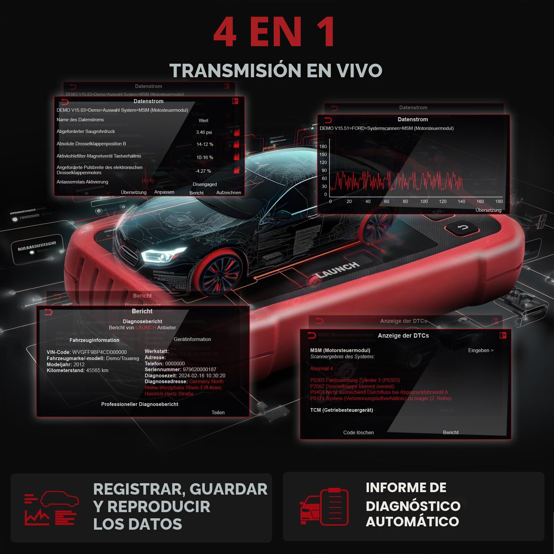 Launch CRP129EVO Unidad de Diagnóstico de Automóviles Multimarca para 4 Sistemas Completos Lector de Códigos OBD2 con 7 Funciones de Servicio e Informe de Inspección AutoVIN y Actualización vía WiFi