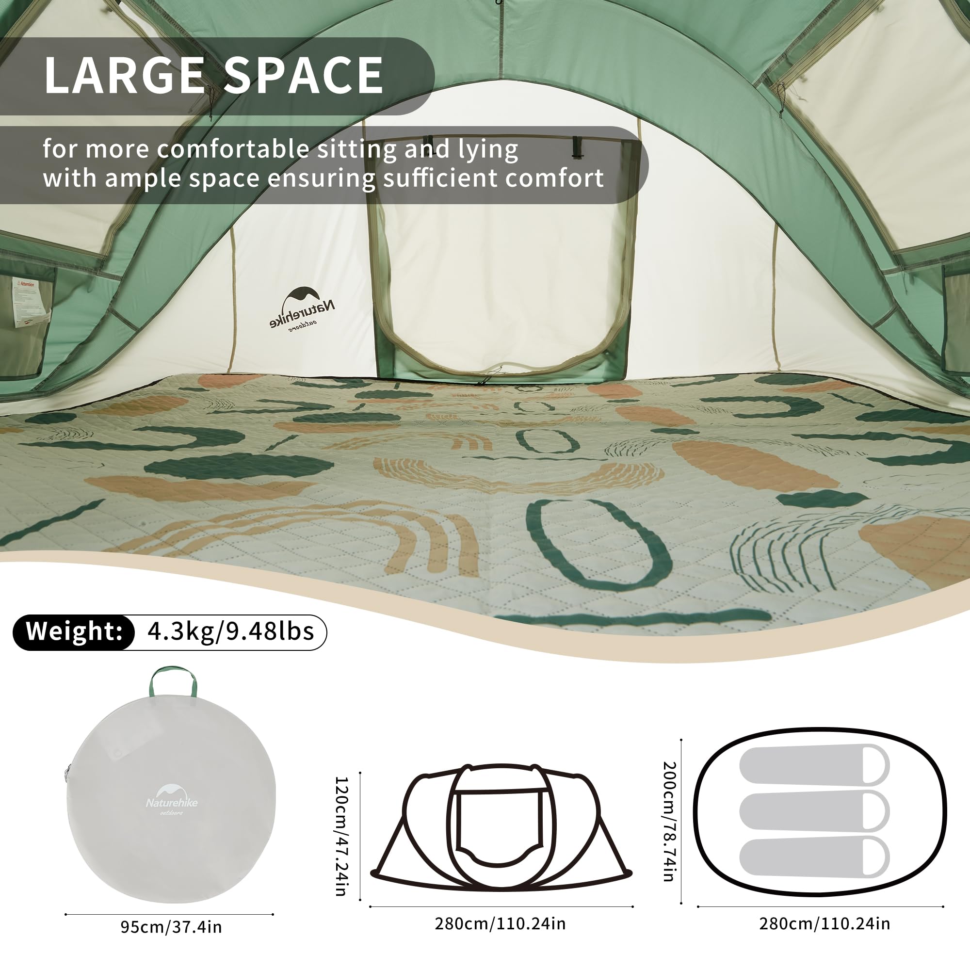 Naturehike Opgooitent 3-4 Persoon Grote Ruimte Pop Up Tenten Eenvoudig Op te zetten Familietent met Vier Zijden Ventilatie Waterdichte Automatische Tent voor Festival, Trekking, Kamperen, Backpacking