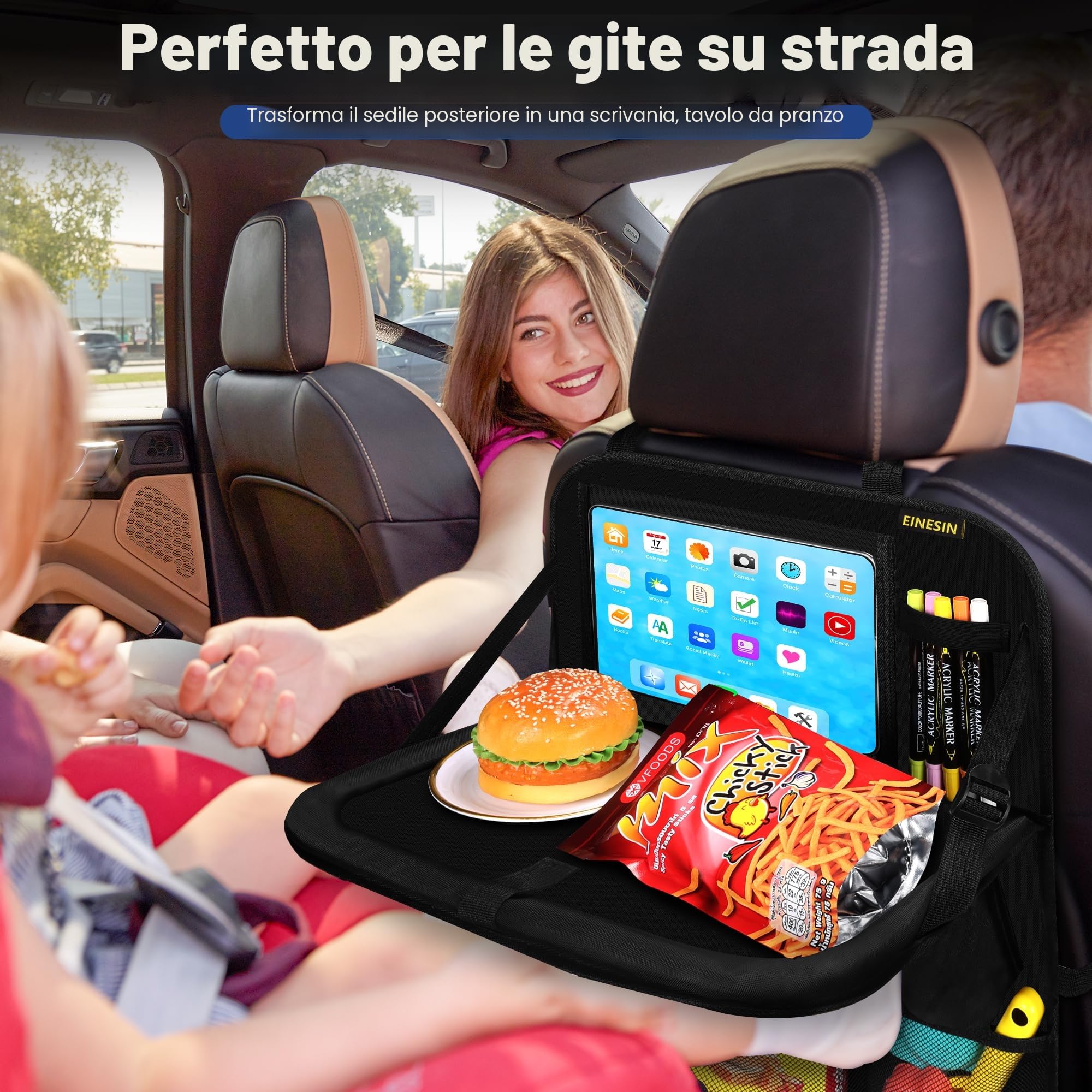 Einesin Proteggi Sedile Auto Bambini Posteriore con Vassoio da Tavolo Pieghevole per tablet bambini, Impermeabile Organizer Sedile Posteriore Auto Tasca Trasparente per Tablet iPad