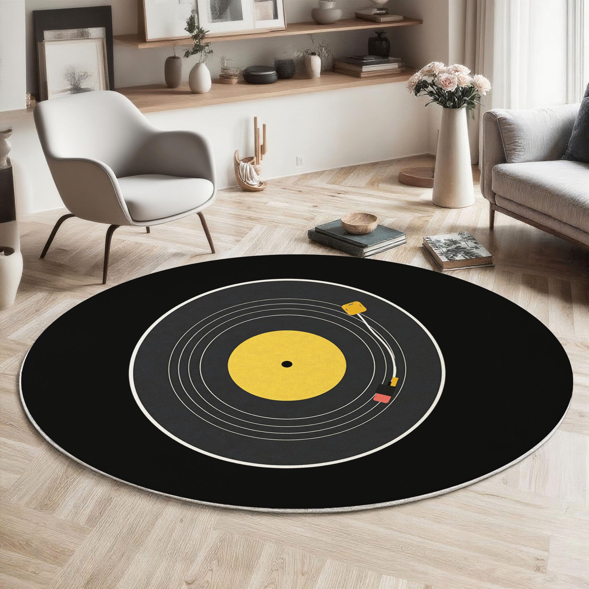 Tapis rond 60cm de style musical en vinyle noir et jaune lavable pour salon
