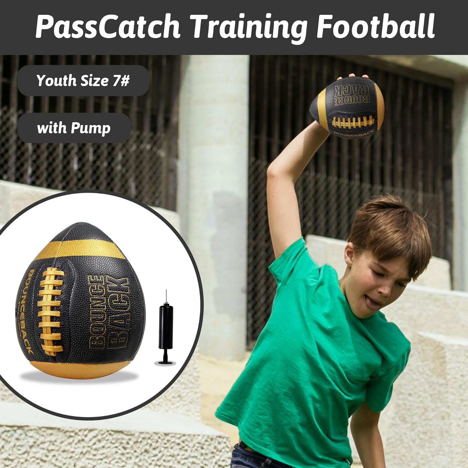 BOUNCEBACK Soft Leather Training Football, Youth Size & Official Size, Fatherless PU PassCatch Solo Enhancing Passing Catching(with Pump)