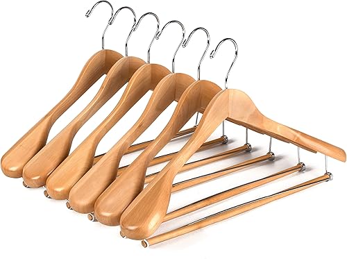 Miniatura 7 de Perchas de madera de hombro ancho de lujo paquete de 2 unidades con barra de bloqueo acabado natural liso colgador de madera para armario soporta