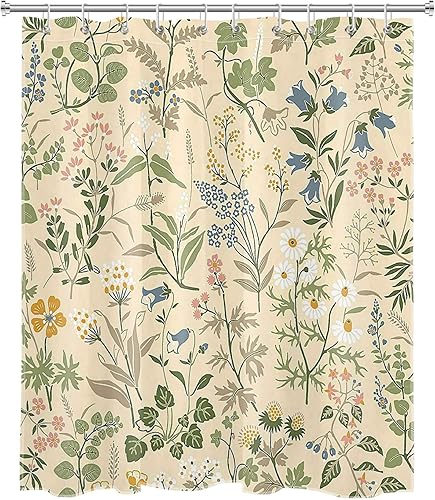 Miniatura 6 de LB Cortina de ducha botancial verde con flores silvestres azules y rosas con hojas sobre fondo beige, cortina de baño de flores rústicas con