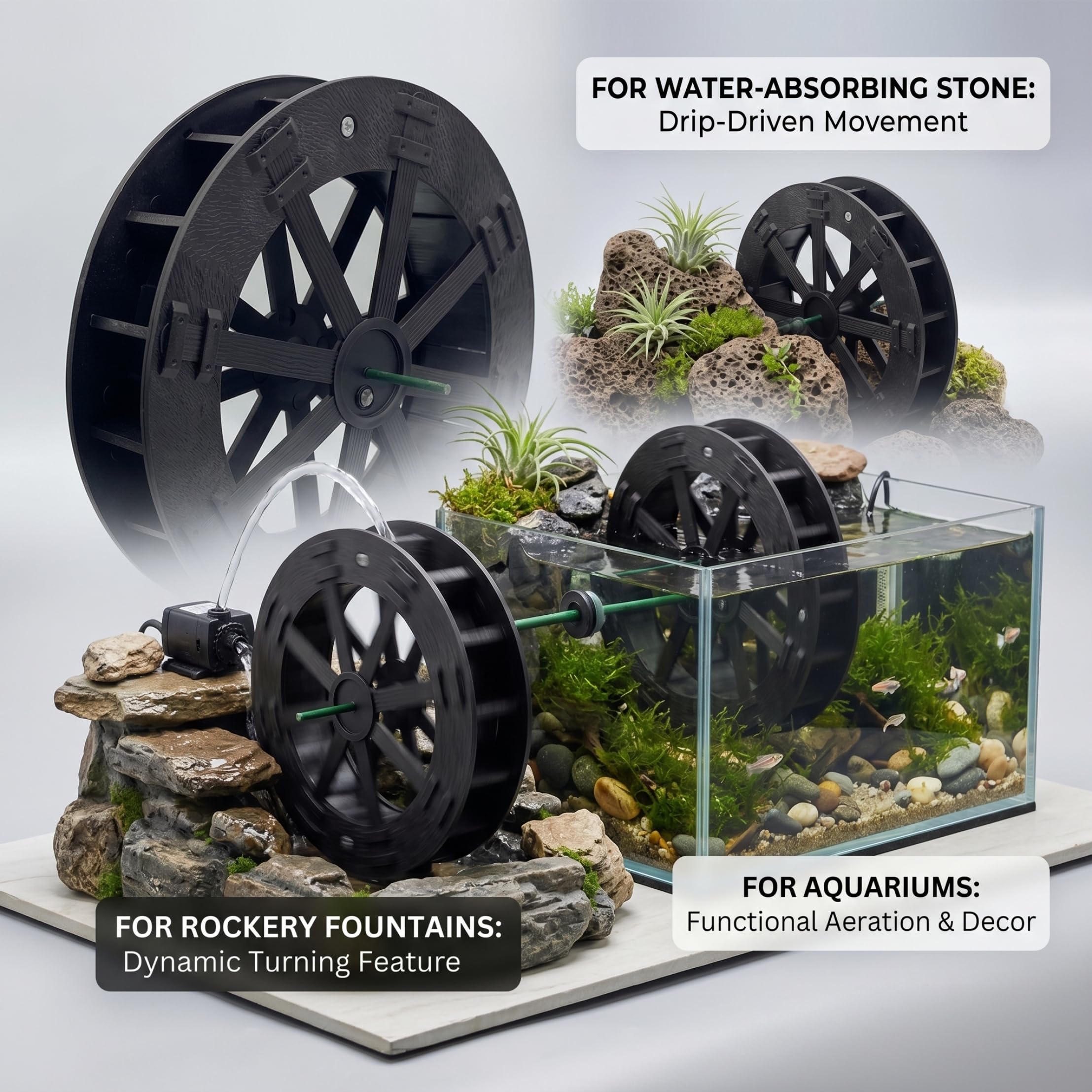 Wasserradbrunnen, Wasserrad für Teich – rotierendes braunes Kunststoffornament für Aquarium, Steingarten und Gartendekoration, 8, 66 Zoll/22 cm