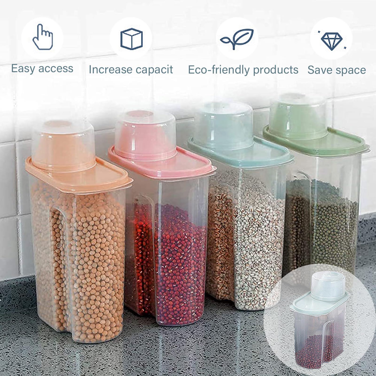 4 Pezzis Contenitore Ermetico Cereali Alimentare, porta cereali da colazione dispenser, Serbatoio Alimenti Secchi, Trasparente Airtight Secco Contenitore Alimenti, Caffè, Farina con Misurino (small)