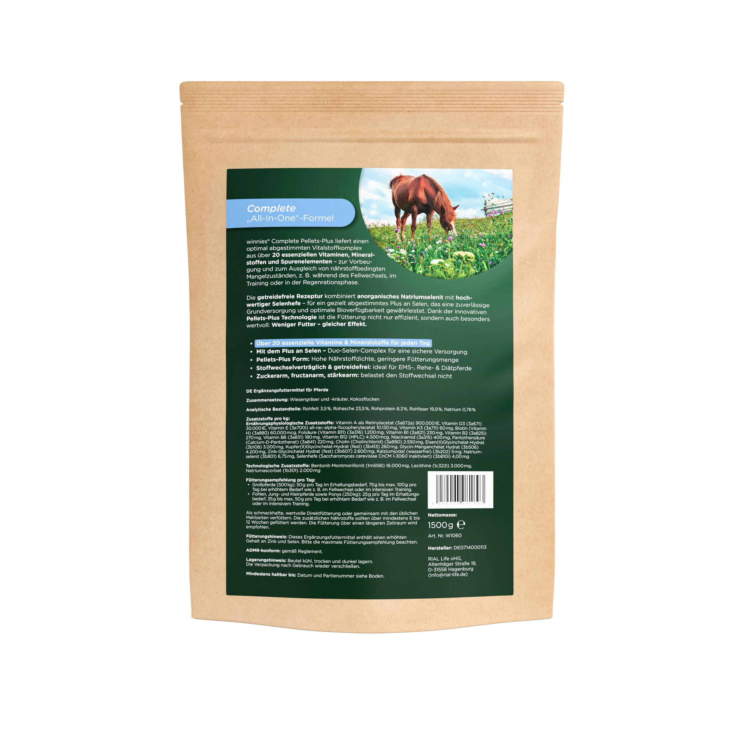 winnies® Complete Pellets Plus – All-in-One Ergänzungsfuttermittel für Pferde mit über 20 Vitaminen & Mineralstoffen – getreidefrei, stoffwechselverträglich, ohne Zucker – ADMR-konform – 1,5 kg
