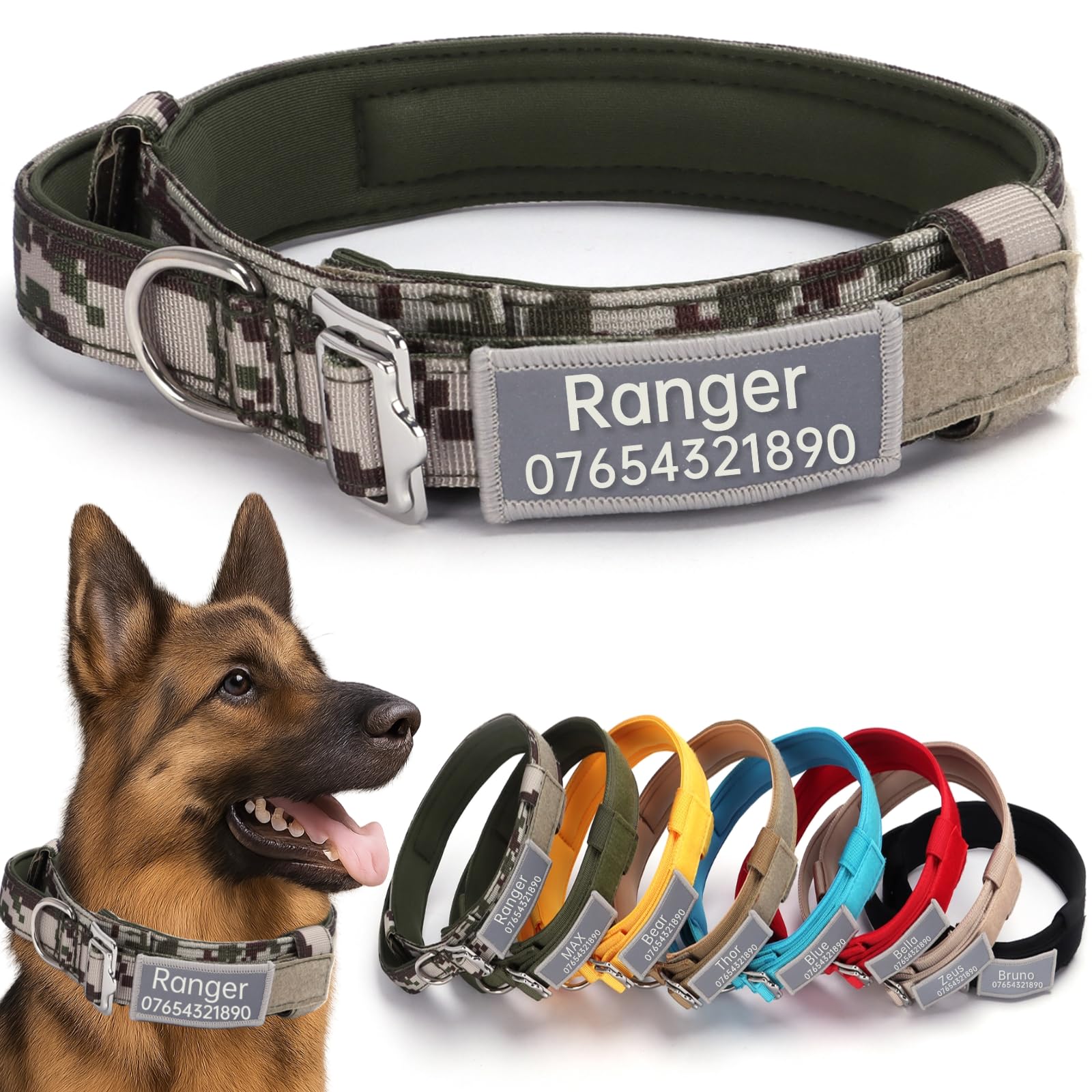SEOUGEE Tactical Dog Collar Personalised with Handle, Soft Padded Dog Collars with Custom Reflective Name Patch, Adjustable Collars with Portable Buckle for Medium Large Dogs Training (Camo, XL) — image 1