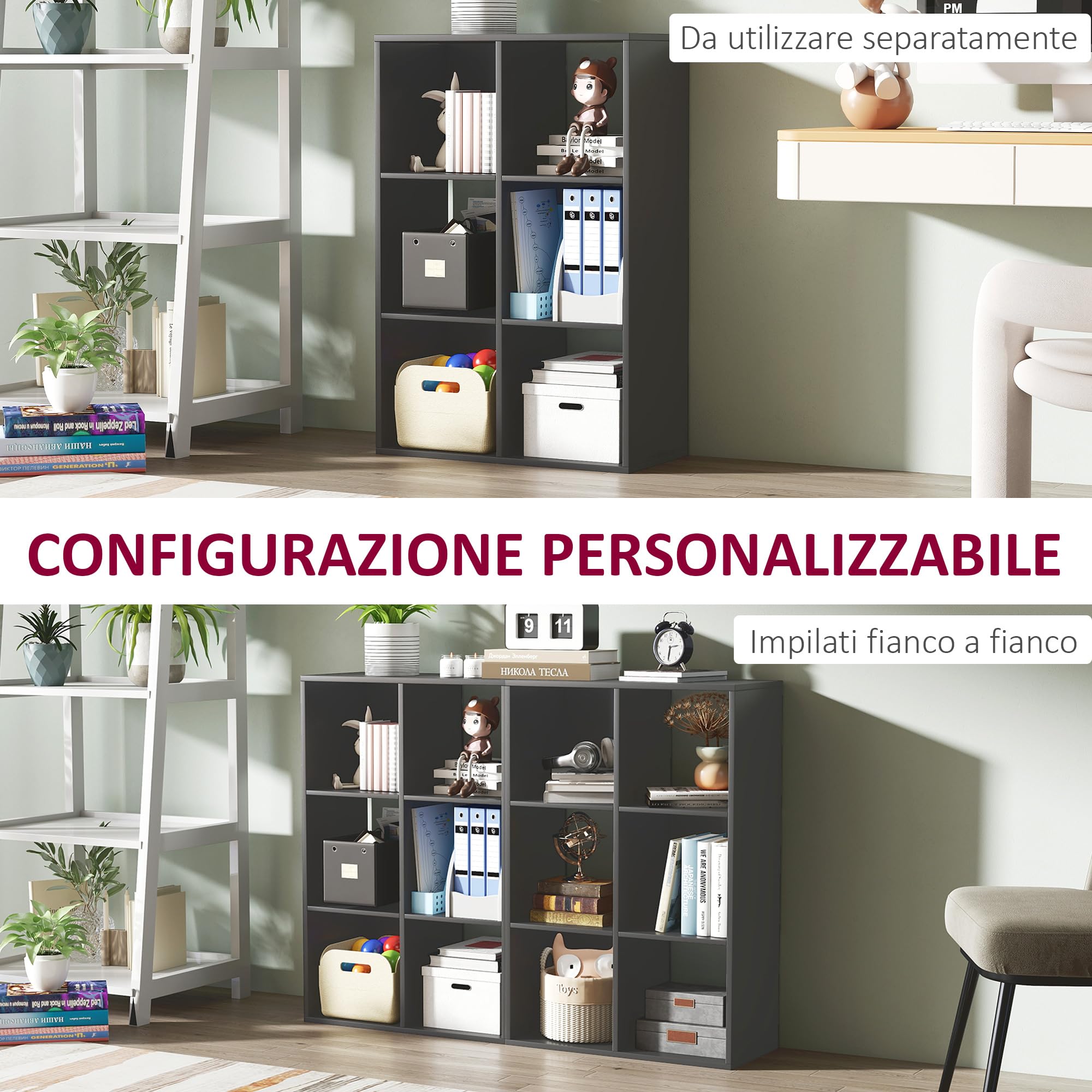 HOMCOM Libreria a Cubi con 6 Ripiani Portaoggetti dal Design Rustico, Libreria Moderna in Legno, per Cameretta, Studio, Ufficio, 61.5x29.5x91.5 cm, Nero