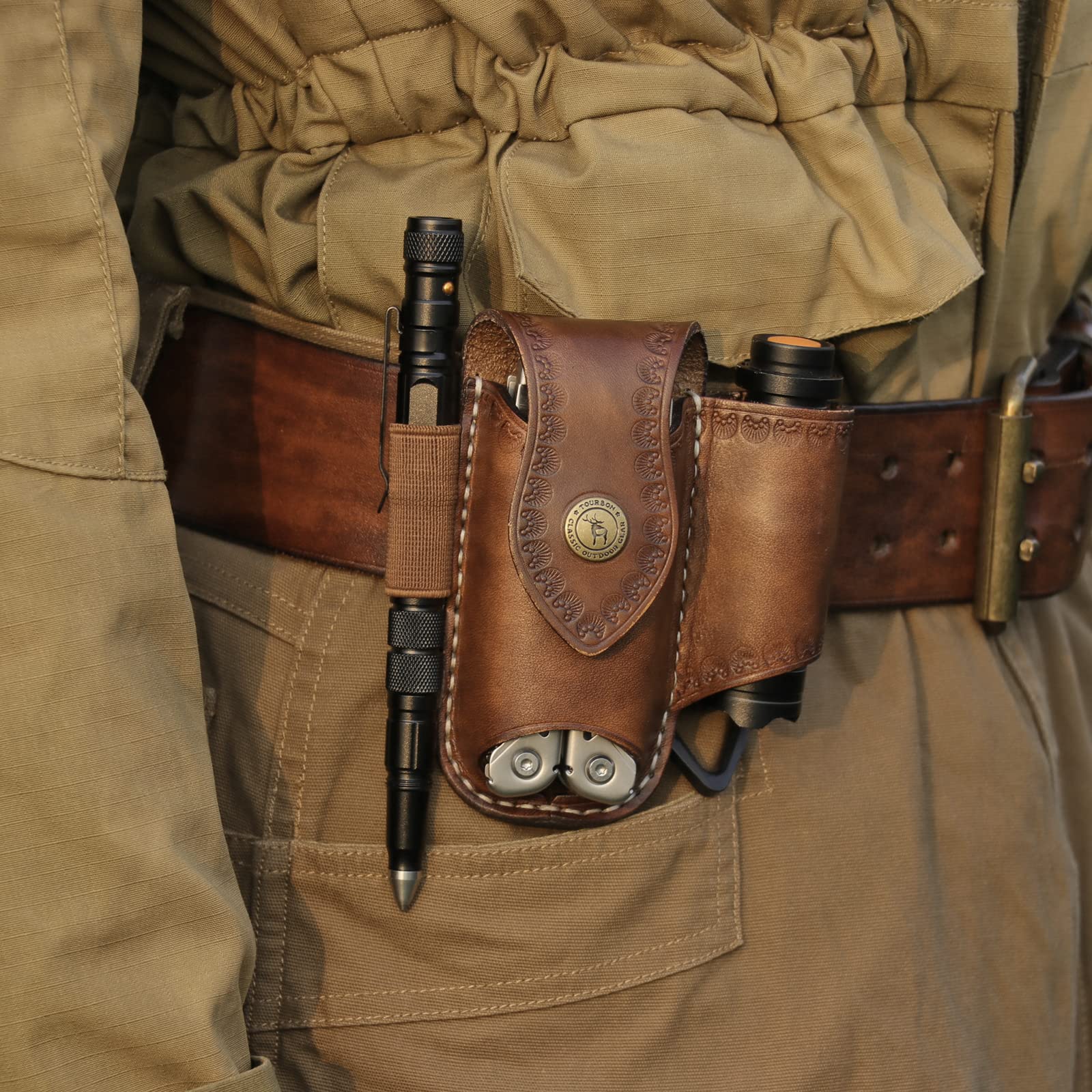 Fodero Multiutensile In Pelle – Custodia Da Cintura 7x5 Pollici Con Porta Torcia, Penna E Portachiavi