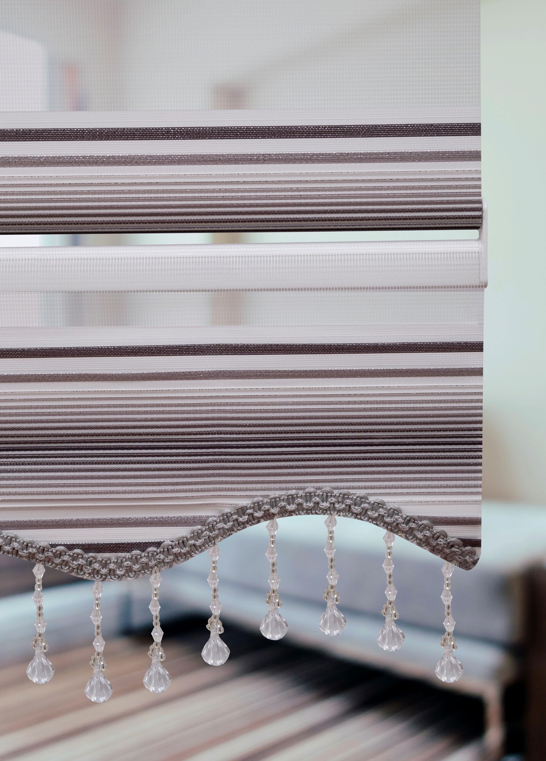PlisseeOnline Doppelrollo Klemmfix ohne Bohren Grau Weiß Glitzer mit Perlen Duo Rollo für Fenster und Türen Plissee Rollo Gardine 80 x 150 cm Blickdicht Klemmrollo mit Perlen Seitenzugrollo