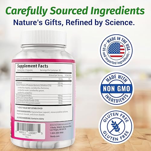 Miniatura 5 de 1 Body Probióticos para mujeres con 50 mil millones de UFC, probióticos vaginales con prebióticos, arándano, D-manosa y vitamina C, píldoras