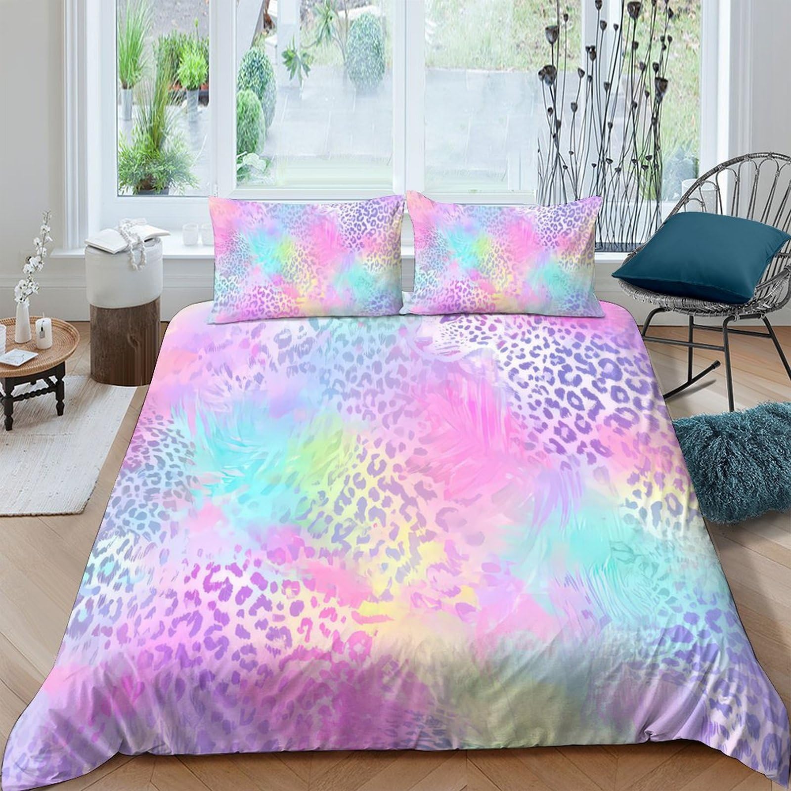 Ctjqhvkz Style-6 3D Printed Pastel Leopard Fitted Sheet Microfiber Soft Rainbow Gradient Bed Cover For Bedroom Guest Room Decor Single（135X200cm）