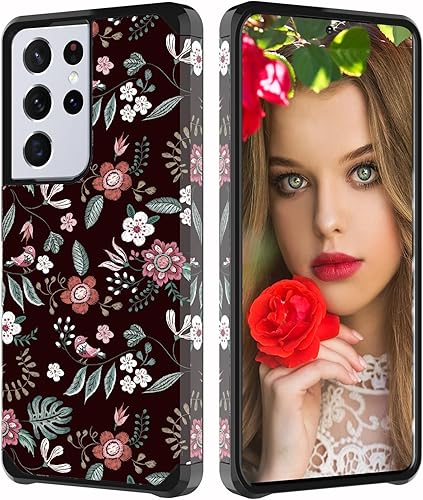 Funda para Samsung Galaxy S21 Ultra con diseño floral, funda para teléfono ShinyMax Galaxy S21 Ultra, funda híbrida de doble capa blindada
