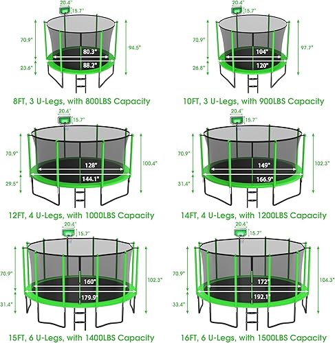 Miniatura 7 de LHX Trampolín de 8, 10, 12, 14, 15, 16 pies, para exteriores, 1500 libras con aro de baloncesto, trampolín grande y resistente para niños y adultos