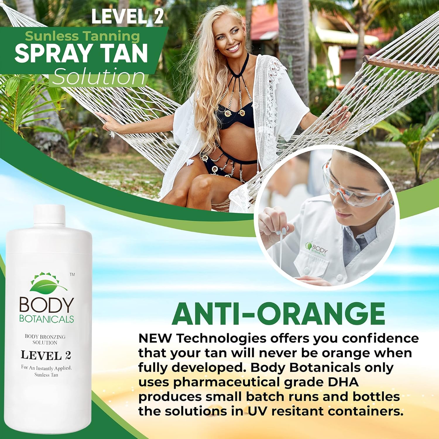 Professional Sunless Tanning Spray Tan Solution, Organic Essential Oils, Airbrush Formula, 16 Fl Oz. (Level 2 (10% DHA))