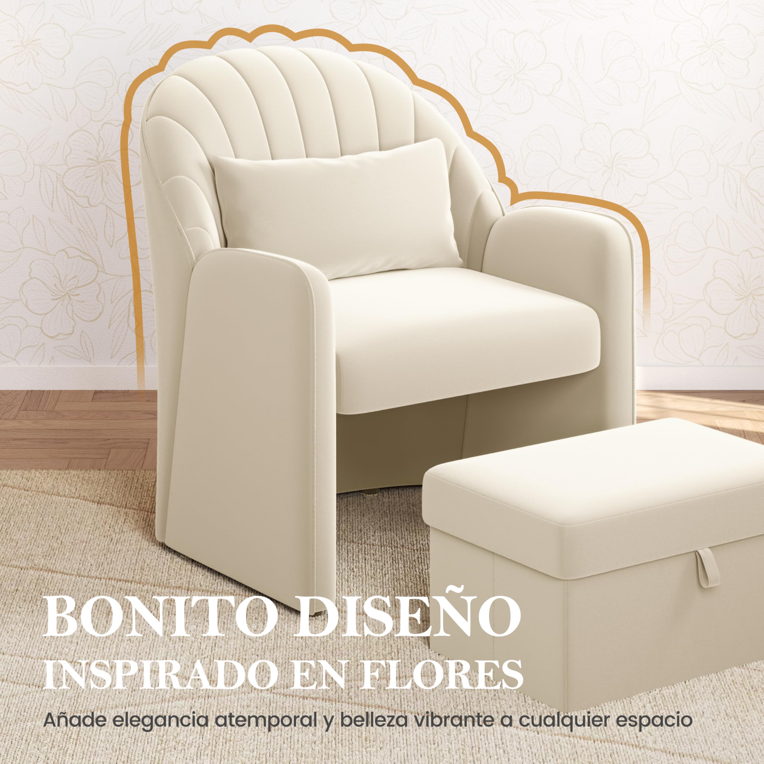 Yaheetech Sillón Relax de Diseño Floral con Reposapiés Almacenamiento Beige | Sillón Lectura para Salón y Sala de Estar, y una Almohada, Carga de 136 kg, Apto para Espacios Reducidos