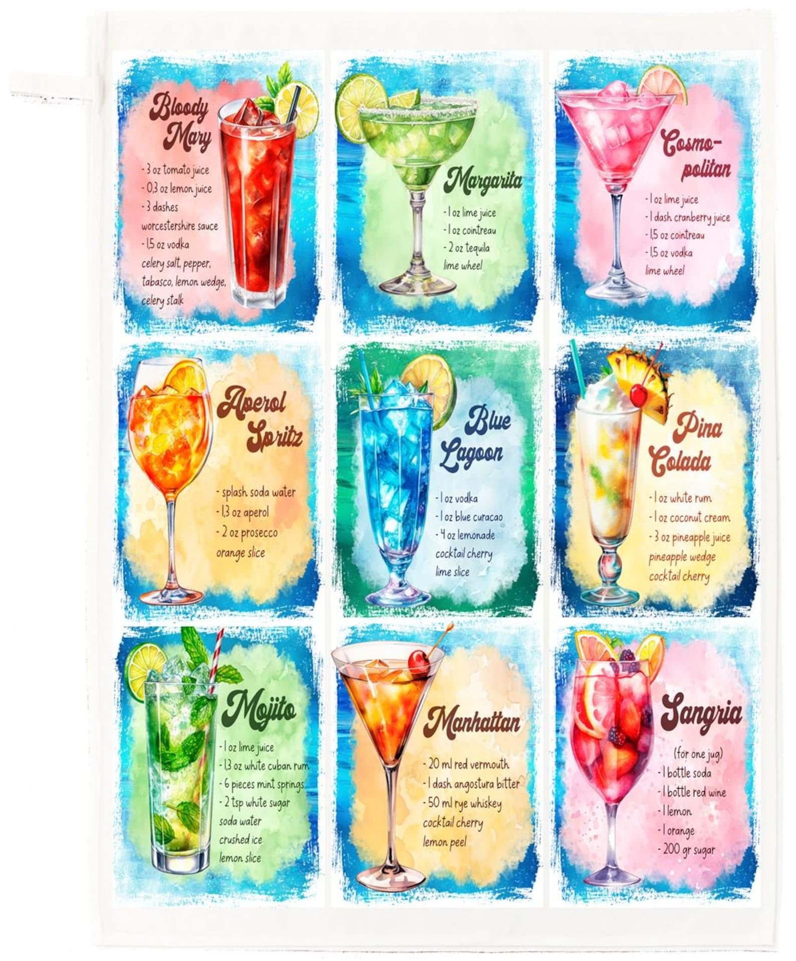 Half a Donkey Classic Cocktail Recipe Cotton Tea Towel – Margarita, Mojito, Cosmopolitan & More