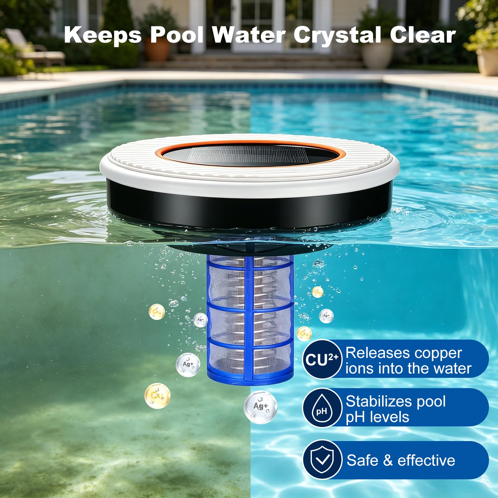 Solar Pool Ionisator, Pool Ionisator Kupfer Silber, bis 132, 500 Liter, IP68 Wasserdicht, Automatischer Wasserreiniger für Aufstellbecken und Einbaubecken, Schwimmender Solar Poolreiniger