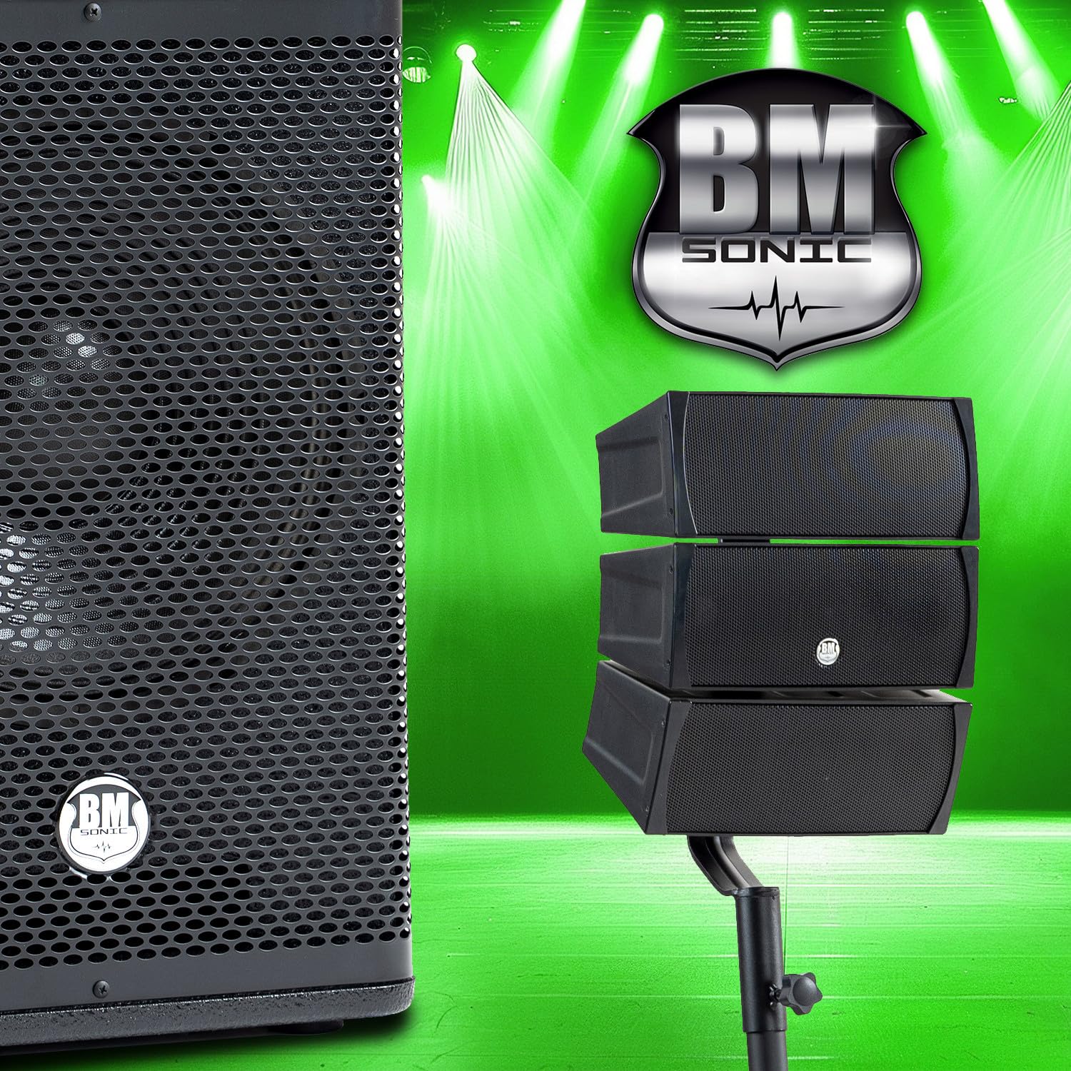 Pack Sono DJ Complet BM Bmsonic BMS-12-ARRAY-BT, 1000W, Enceintes Satellites, Caisson 31cm USB/Bluetooth, Supports Câbles
