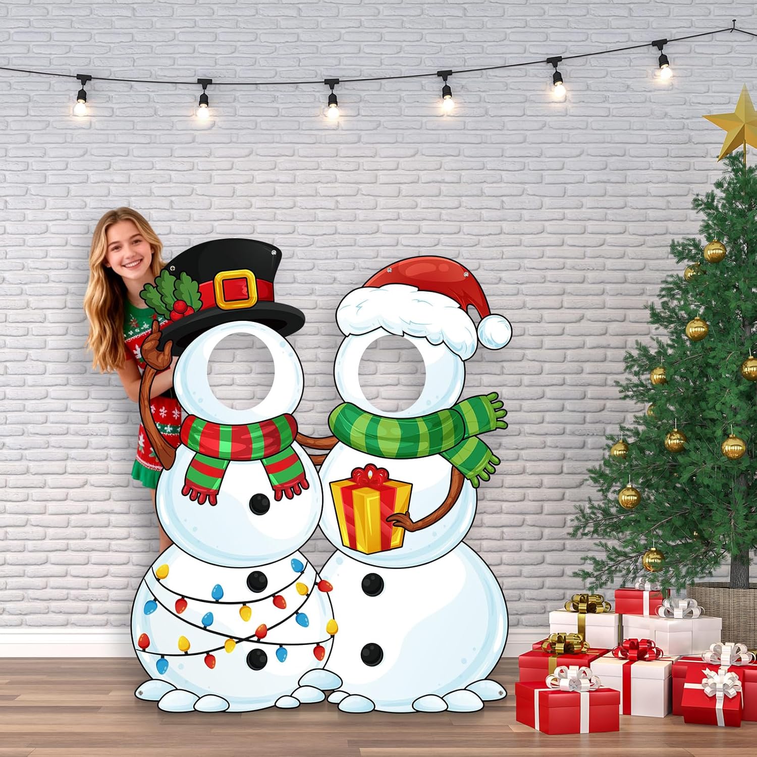 Snowman Christmas Photo Booth Fabric Banner with Two Face Cutouts, 55" x 44" Holiday Party Decorations, Winter Backdrop, Festive Snowman Props for Christmas Party Supplies