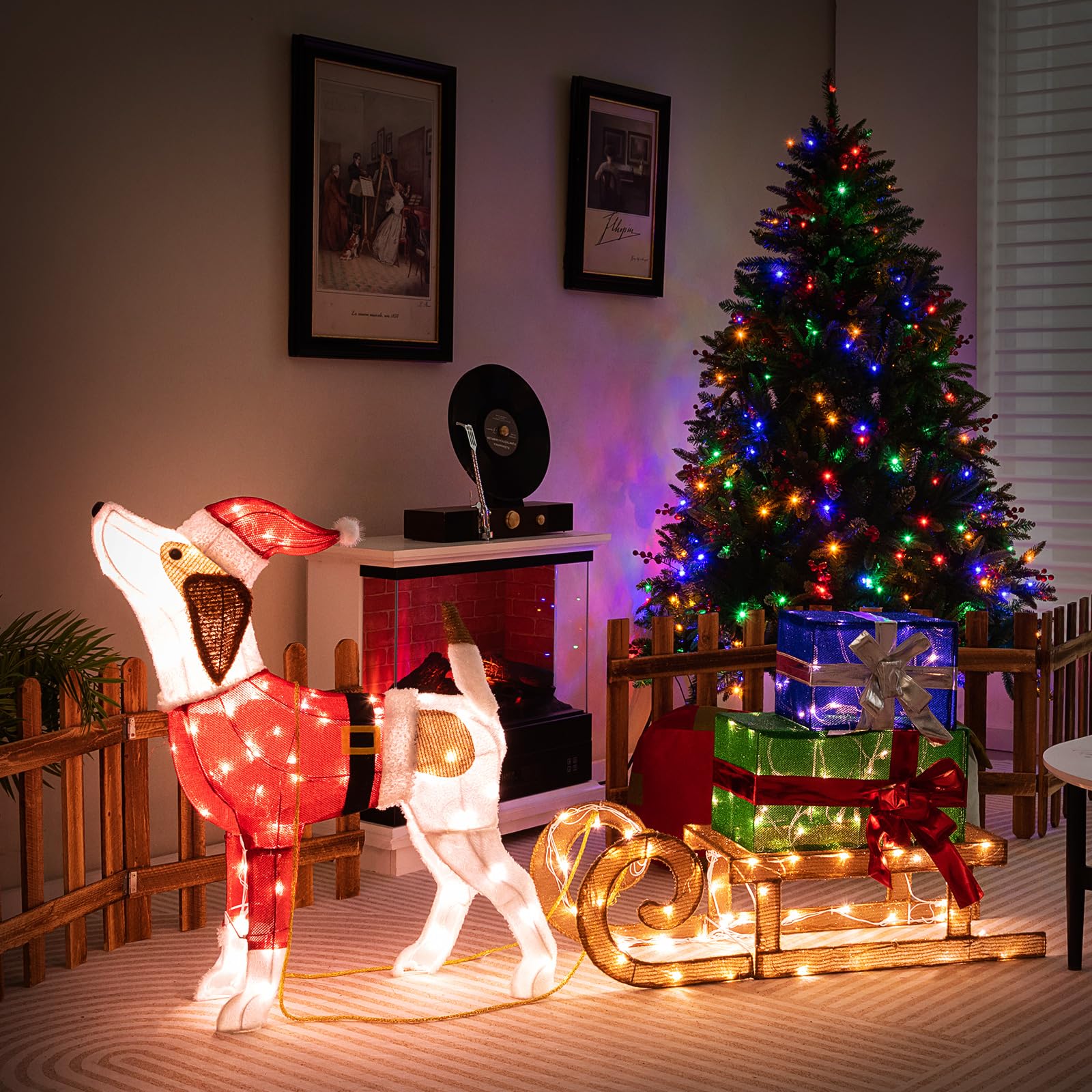 COSTWAY Decorazioni Natalizie Illuminate di Cane e Slitta, Luci Natalizie a Forma di Cane da Esterno Interno, Decorazione Natalizia Festosa con 170 Luci LED per Giardino e il Cortile