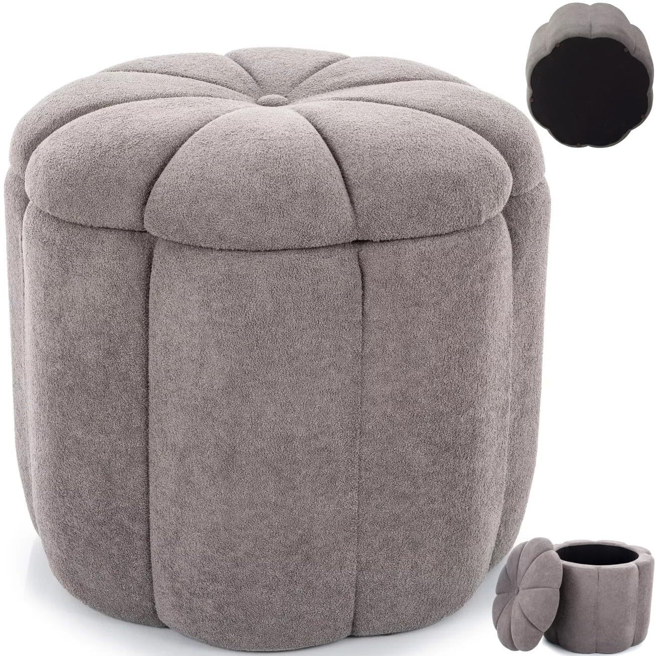 Tup, aksamitny taboret z miejscem do przechowywania, okrągły, Ø 45 cm, taboret do siedzenia do 120 kg, nowoczesny taboret tapicerowany, powierzchnia aksamitna, do salonu, sypialni, szary