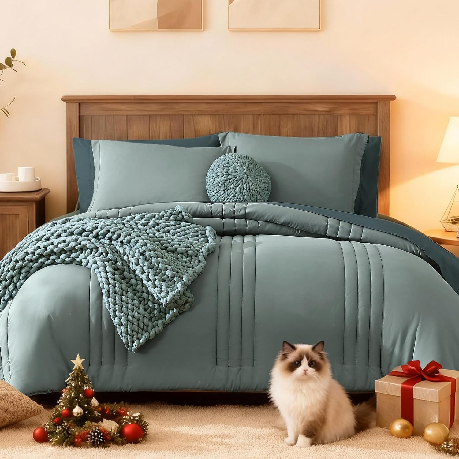 Monbix Full Size Comforter Set - 7 Pieces Sage Green Bed in a Bag Full Size Bedding Sets with Comforters, All Seasons Comforter with Sheets,Pillowcases & Shams Sage Green 7Piece-Full(80”X90'')