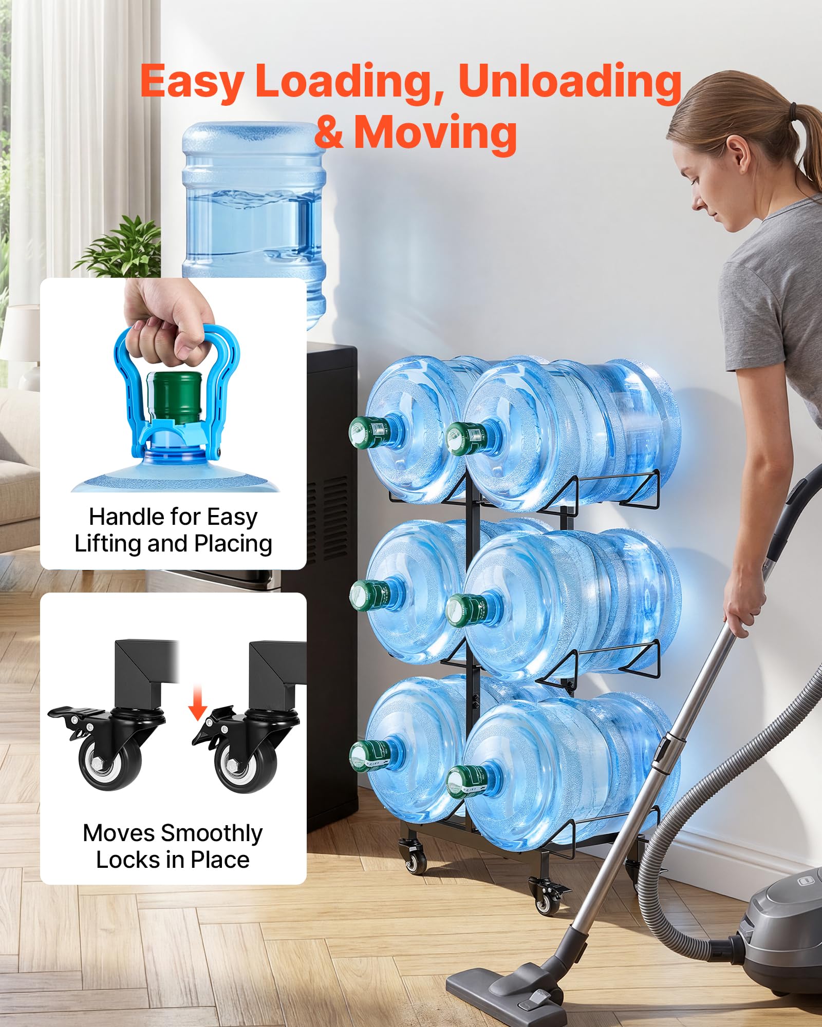 VEVOR Estante para Garrafas de Agua, Soporte para Botellas Grandes de Agua, 3 Niveles para 6 Botellas, Compatible con Jarras de 11 L y 19 L, con Ruedas con Freno, Plegable para Oficina Cocina Hogar