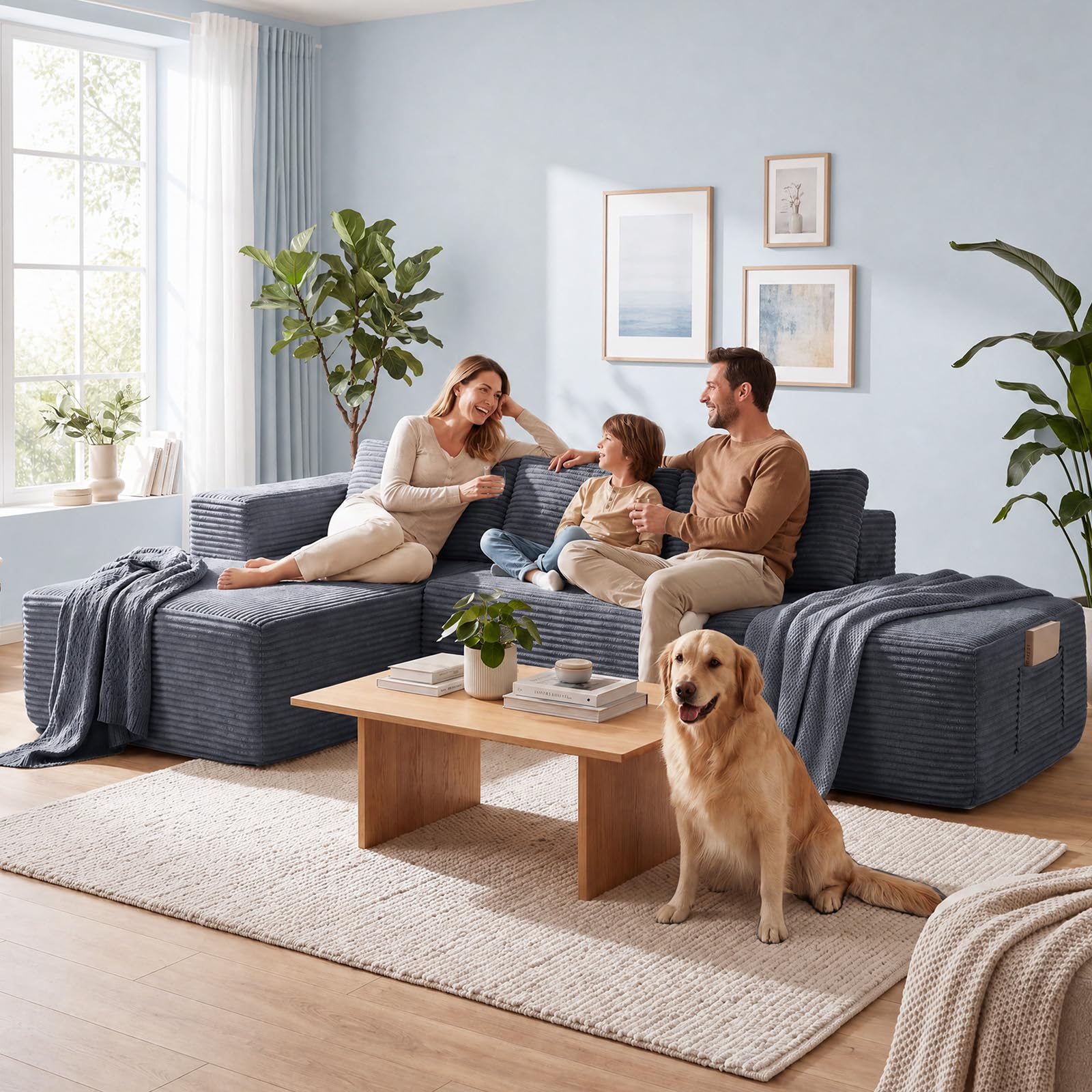 COMHOMA Divano angolare con funzione letto, 255 cm, in velluto a coste, modulare, con chaise longue e schienale in metallo, divano letto a forma di L con design aperto, cuscino e tasche laterali, per