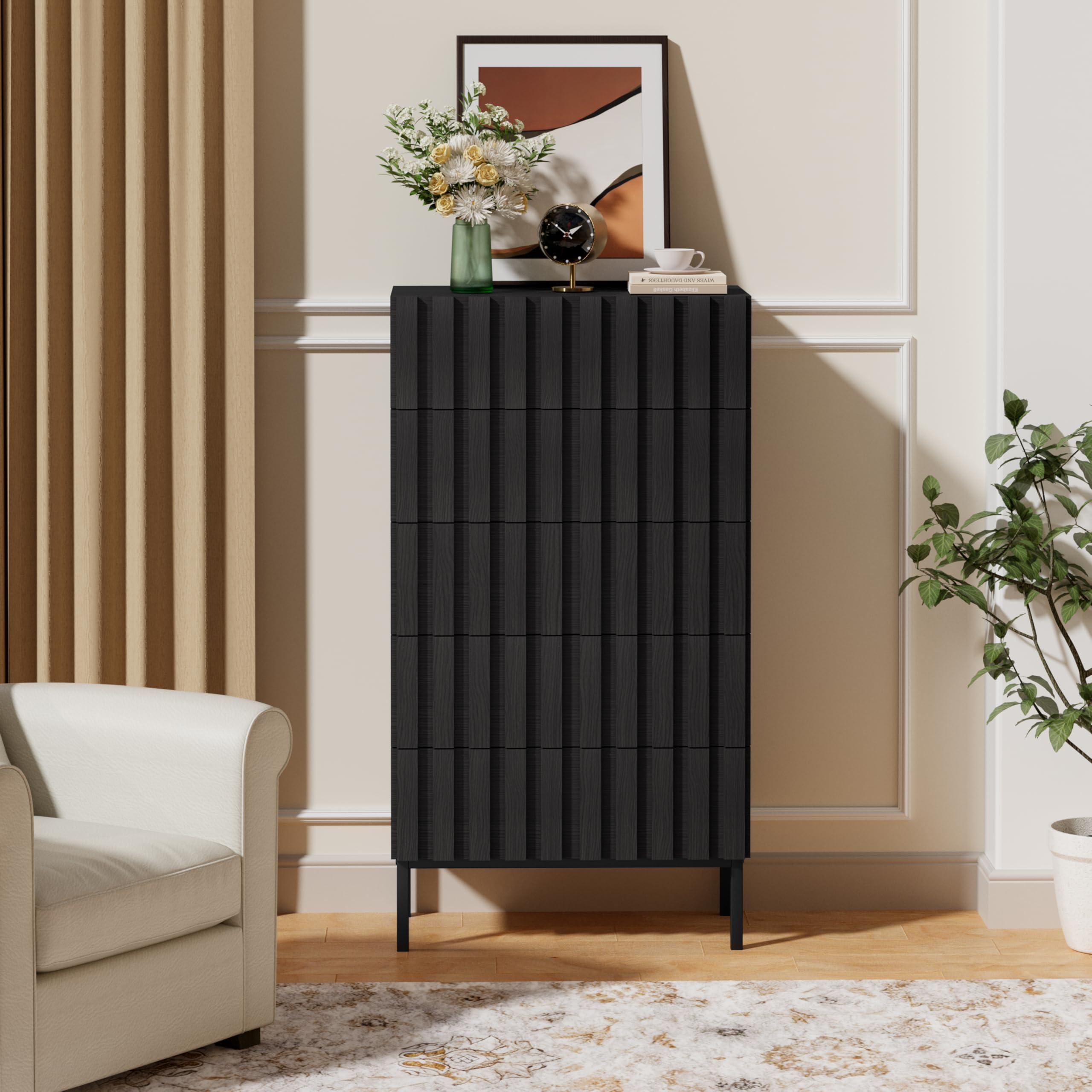UEV Cassettiera Naturale con 5 Cassetti, Settimino Salvaspazio con Motivo a Doghe di Legno, Cassettiere Camera da Letto Solida e Stabile con Design Antiribaltamento, 60 x 34 x 110 cm, Nero