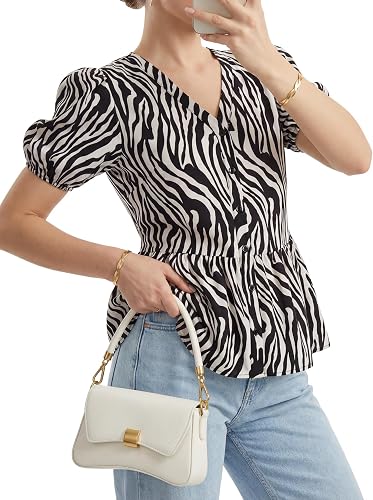 LYANER Women's Button Down V Neck Puff Short Sleeve Ruffle Peplum Cute Blouse To