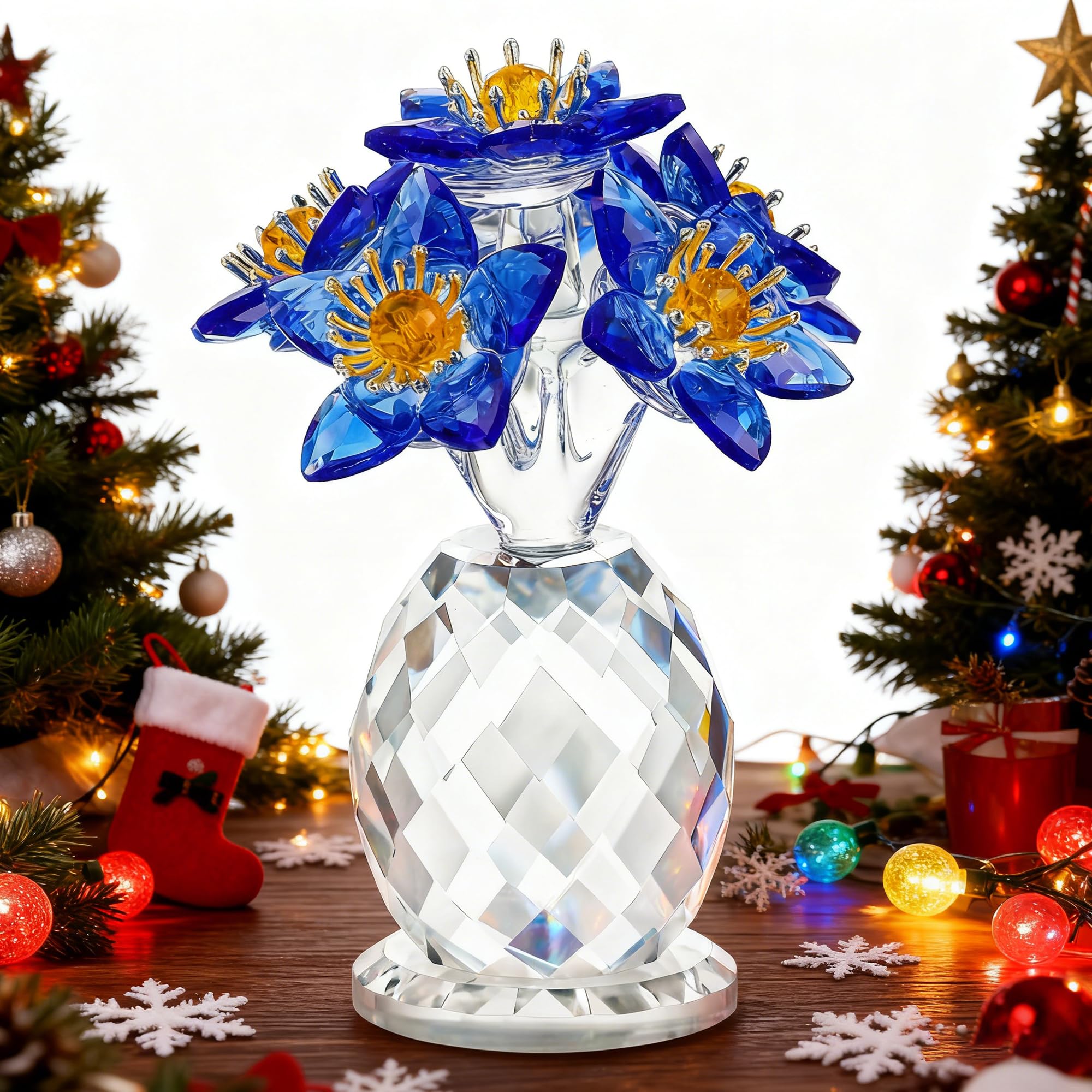 Crystal Christmas Flower Figurine 3.8in Tall Glass Flower Ornament Collectibles for Home Decor Table Centerpiece Glass Bouquet Flowers Keepsake for Christmas(Blue)