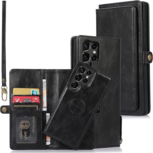 Asuwish Funda de teléfono para Samsung Galaxy S23 Ultra 5G, funda desmontable con tapa de cuero para tarjeta de crédito, parte trasera magnética,