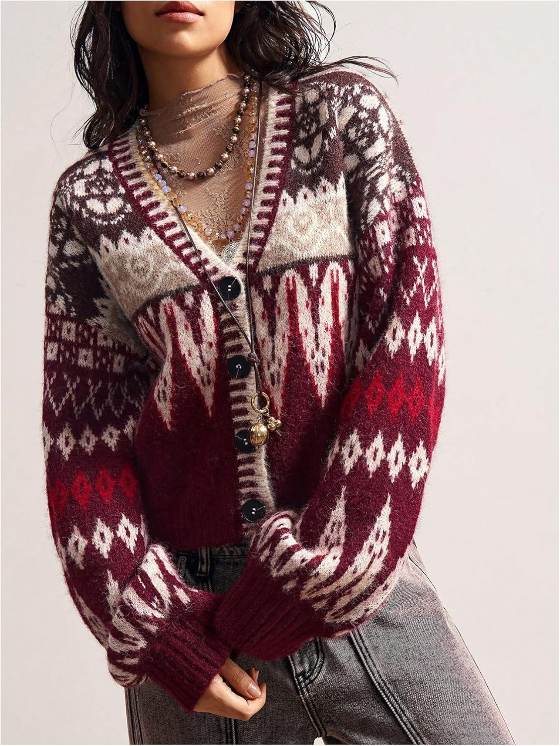 Women's Graphic Christmas Cardigan Sweater Vintage Fair Isle Button Down Dressy Casual Knit Outerwear - Image 3