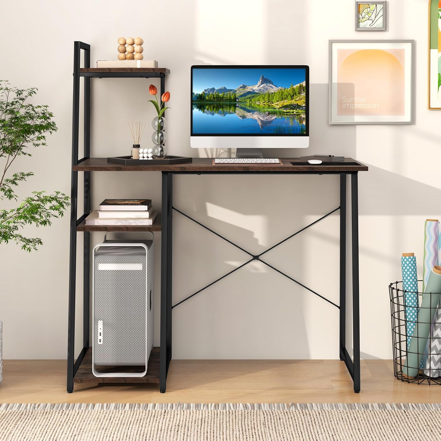Giantex Computer Desk with Shelves, 47.5” Home Office Desk with Bookshelf, Host Stand, Metal Frame, PC Laptop Workstation, Modern Study Writing Desk for Bedroom, Small Space (Rustic Brown & Black)