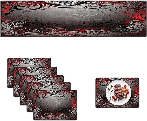 Mcalk Juego de 6 manteles individuales y camino de mesa de mármol negro, manteles individuales de mármol dorado, manteles individuales de tela