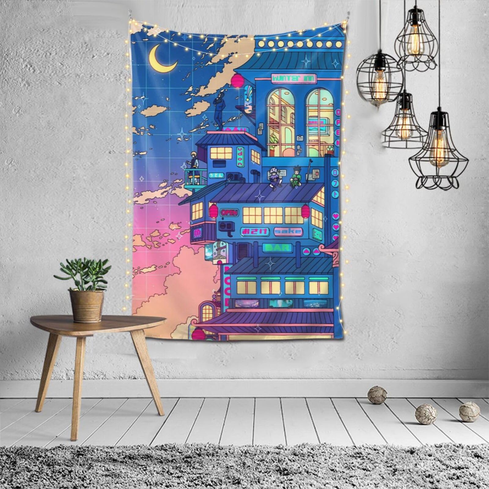 Kkseuza Japanese Anime Tapestry Cyberpunk Retro Manga Tapestry Healing Poster Wall Hanging Bedroom Aesthetic Mural Dorm Decor 60x40in