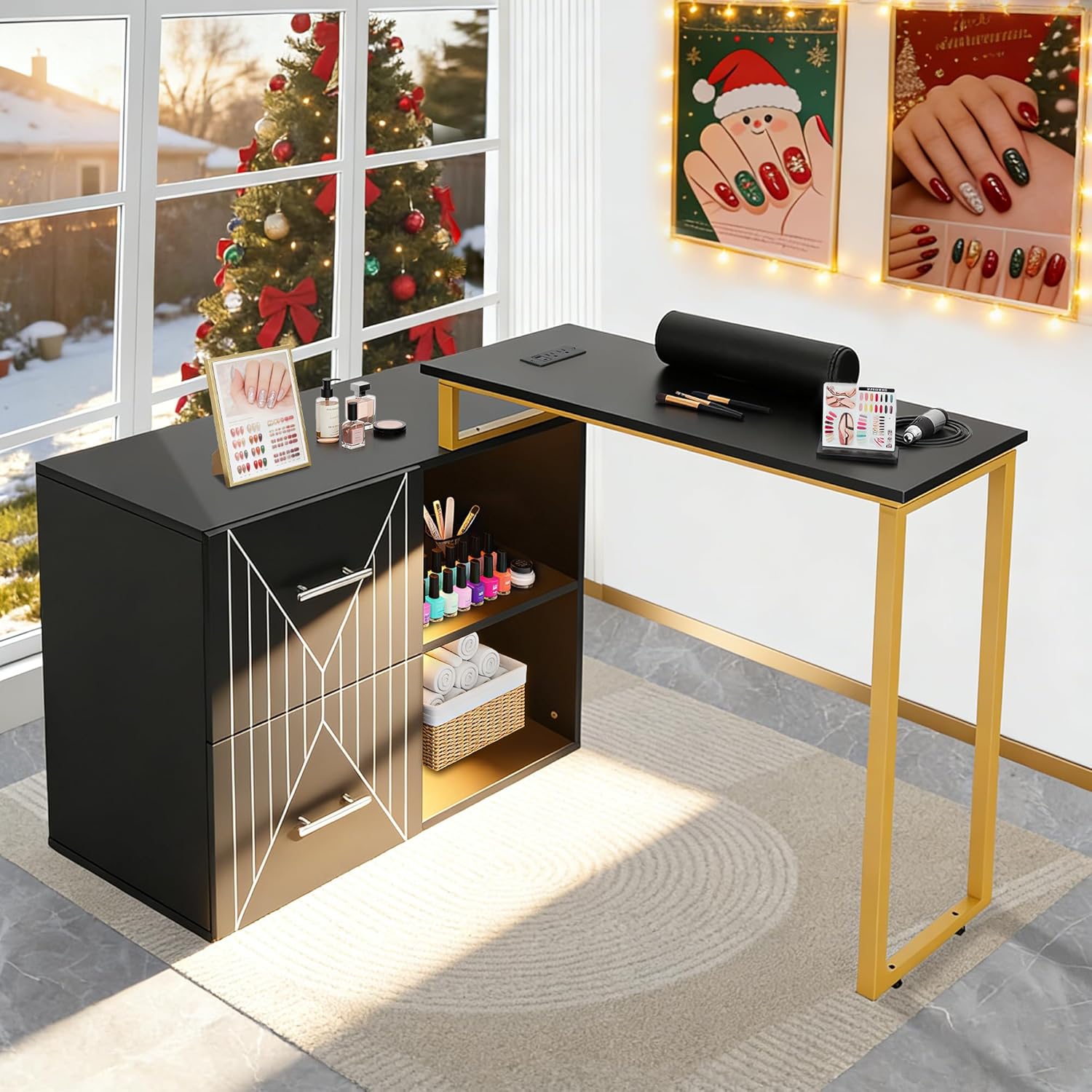 Manicure Table Nail Desk, Acetone Proof Nail Tech Desk with Gold Plated Handles, 2-Drawer Manicure Station with LED Strip for Beauty Salon,Home and Office