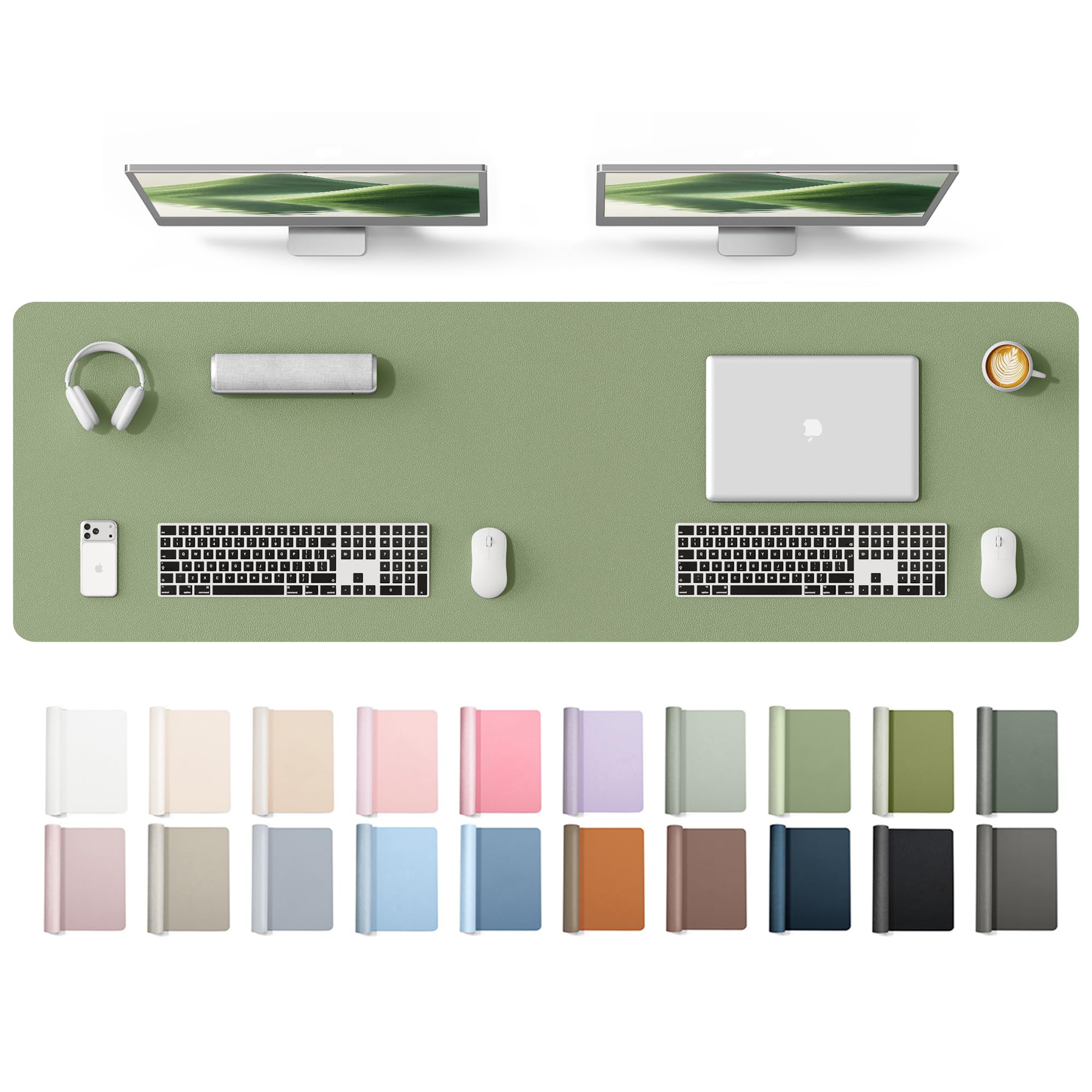 YSAGi Leather Desk Protector Pad with Large Mouse Mat, Waterproof Writing Pad (Bamboo Green, 63" x 17.2") - main product image