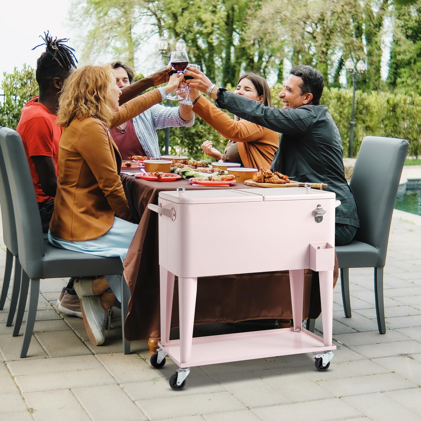 80-Qt Outdoor Patio Cooler, Outside Beverage Cooler Cart, Rolling Cooler with Wheels,Warm Function, Rolling Ice Chest, Portable Patio Party Bar Drink Cooler Cart with Wheels