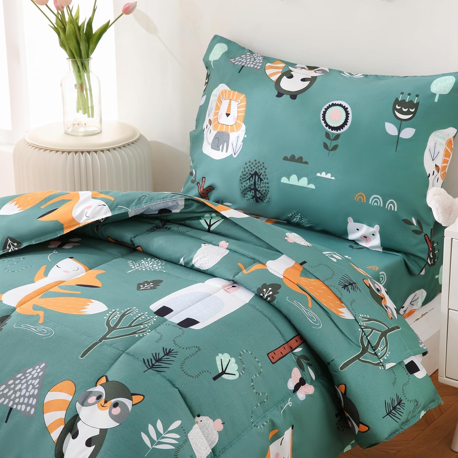 JSD Green Forest Animals Toddler Bedding Set, 4 Piece Bed-in-Bag Toddler Comforter Sheet Set, Machine Washable - Image 7