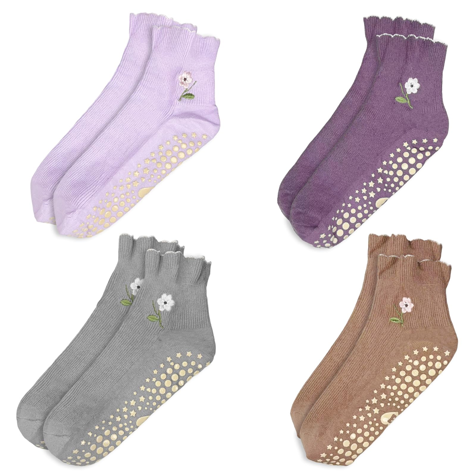 ERMO NKES 4 Pairs Pilates Grip Short Socks for Women Yoga Non Slip Cute Ruffle Ankle Barre Socks.